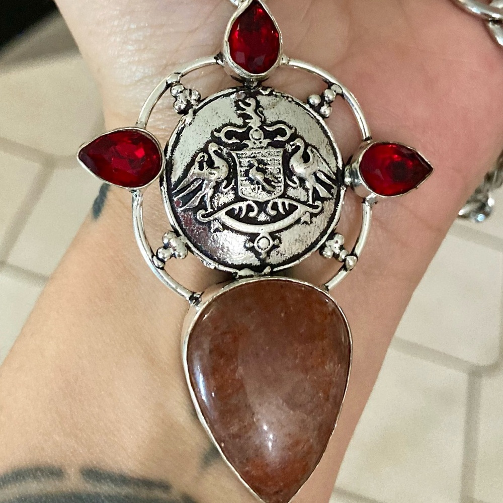 925 Sterling silver overlay orange brown agate & red garnet stones boho necklace - Picture 8 of 15
